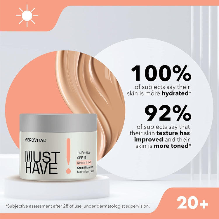 Gerovital Must Have, DD Moisturizing Cream with 1% Peptides and SPF 15, Vitamin E, DD Daily Defense Cream | Uniform, Protected and Toned Skin, 50 ml