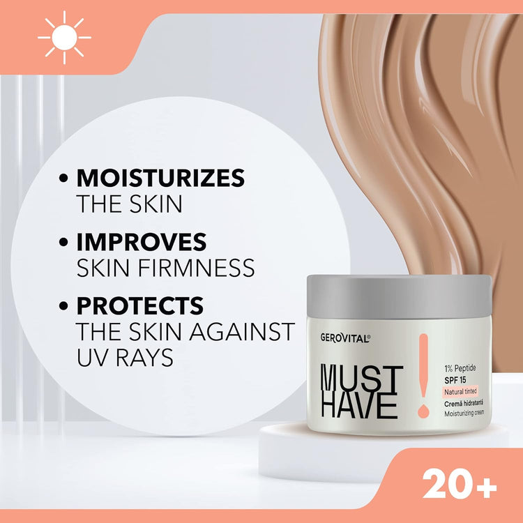 Gerovital Must Have, DD Moisturizing Cream with 1% Peptides and SPF 15, Vitamin E, DD Daily Defense Cream | Uniform, Protected and Toned Skin, 50 ml