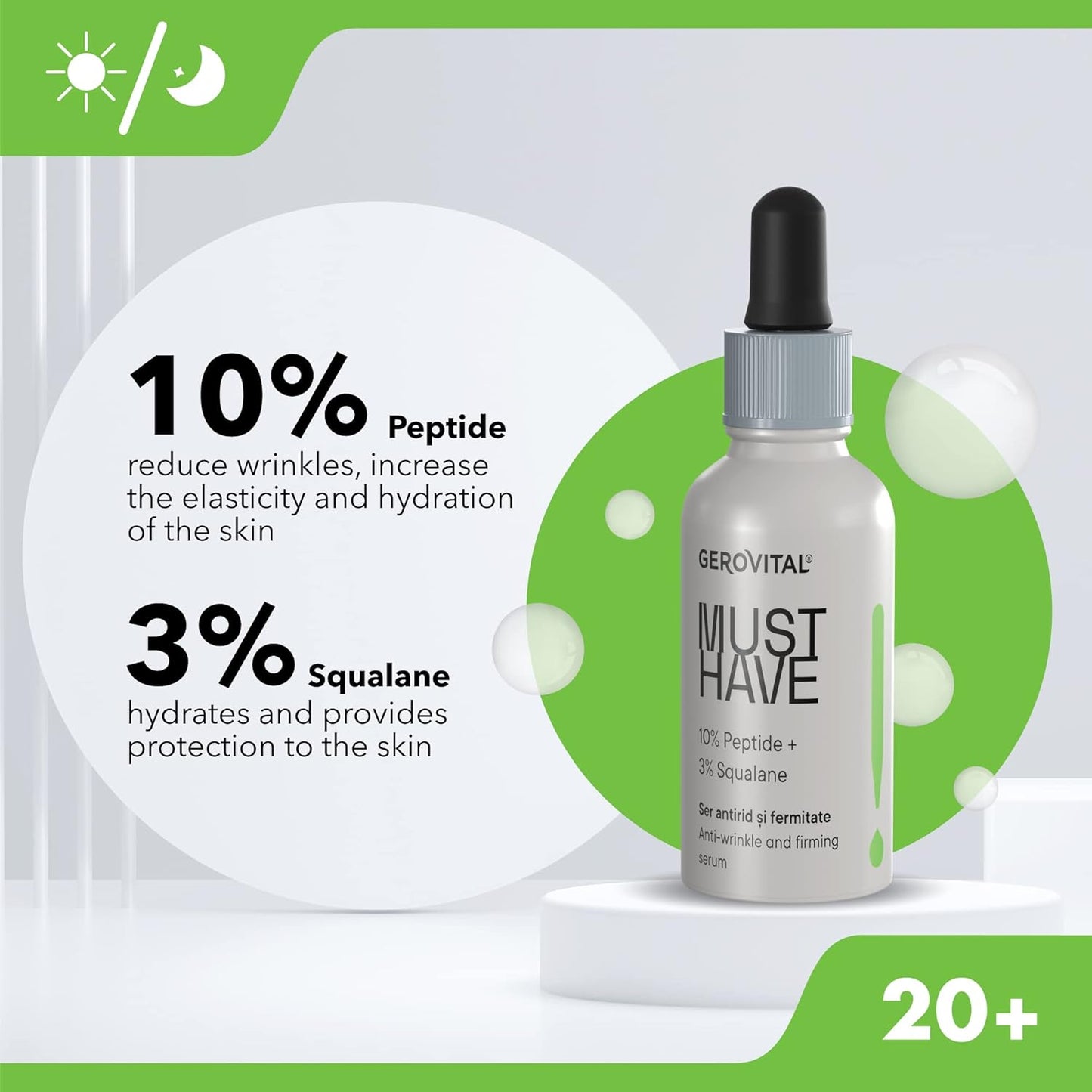 Gerovital Must Have, Anti-Wrinkle and Firming Serum with 10% Peptides and 3% Squalane